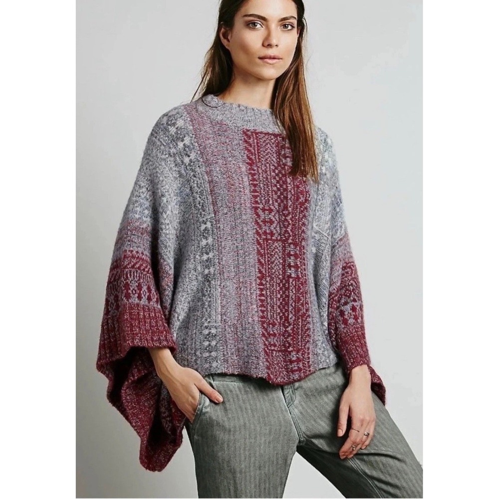 Free People Grey Burgundy Fair Isle Wool Blend Button Collar Poncho Sweater M